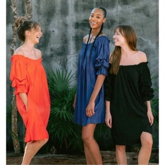 Mersea Tulum Ruffle Mini Dress Navy Blue Womens Small Pockets Off Shoulder - Picture 2 of 12